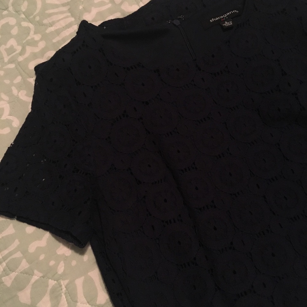 Navy Sharagano lace sheath dress